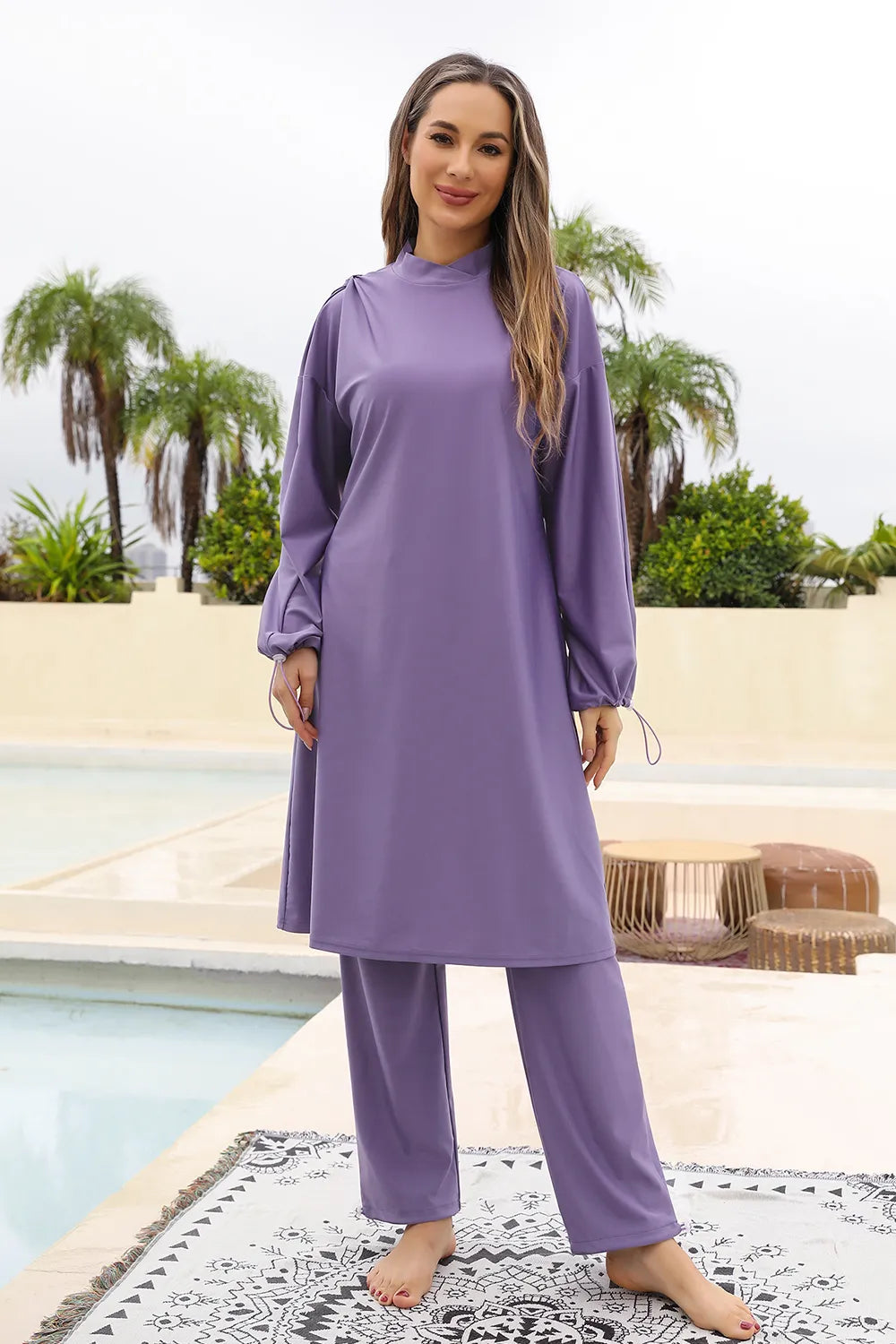 Cap, Drawstring Mock Neck Long Sleeve Top and Pants Swim Set - E-Esther Clothing Store