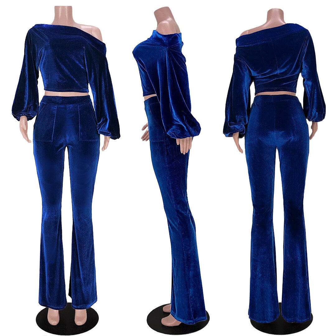 Autumn and Winter Women's Suit Pants Nightclub Sexy T-shirt Flannelette One Shoulder Slim Fit Elegant Women's 2-piece Set - E-Esther Clothing Store