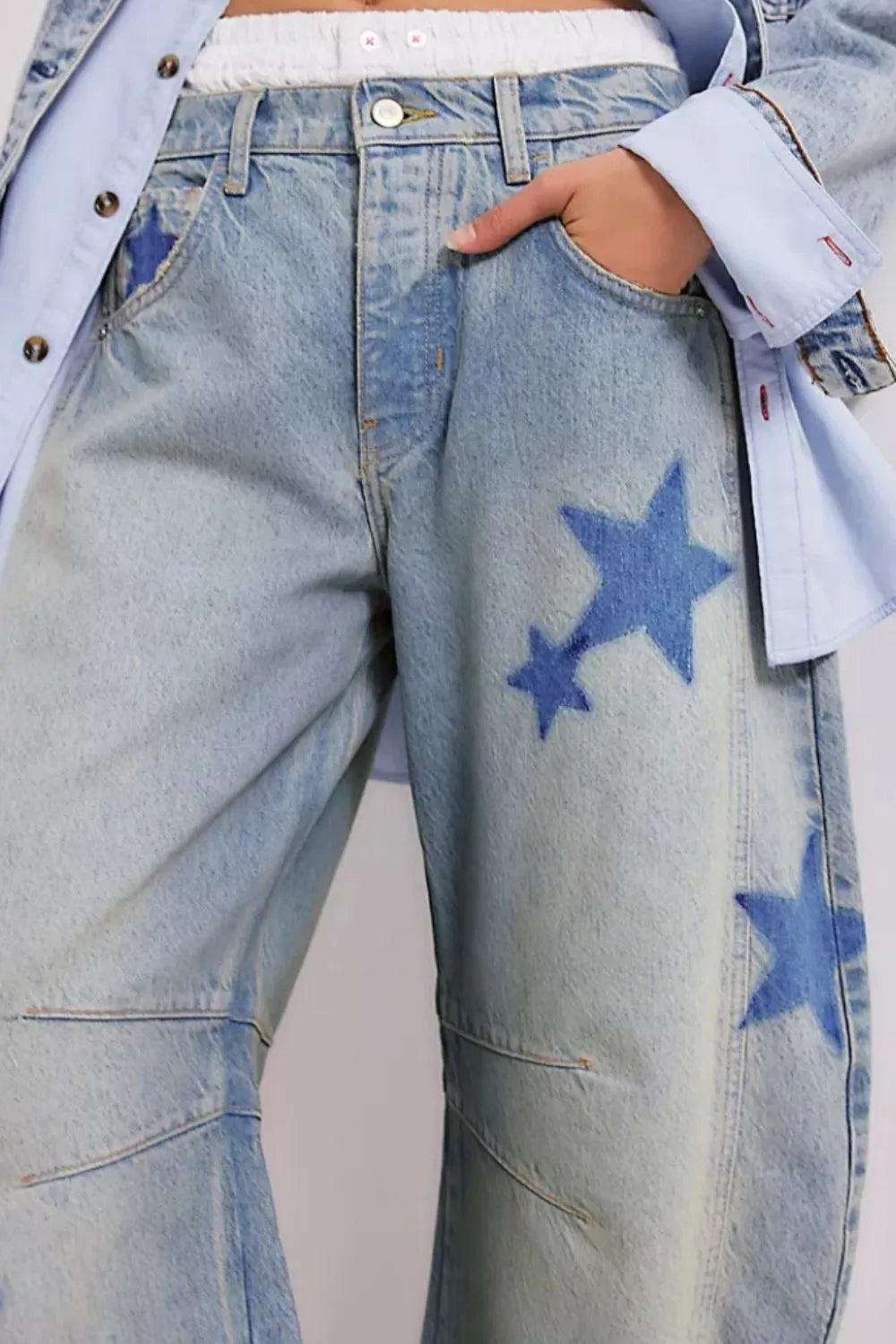 Contrast Star Wide Leg Jeans - E-Esther Clothing Store