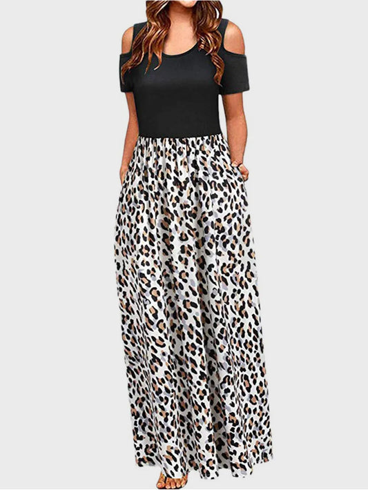Leopard Round Neck Cold Shoulder Dress - E-Esther Clothing Store