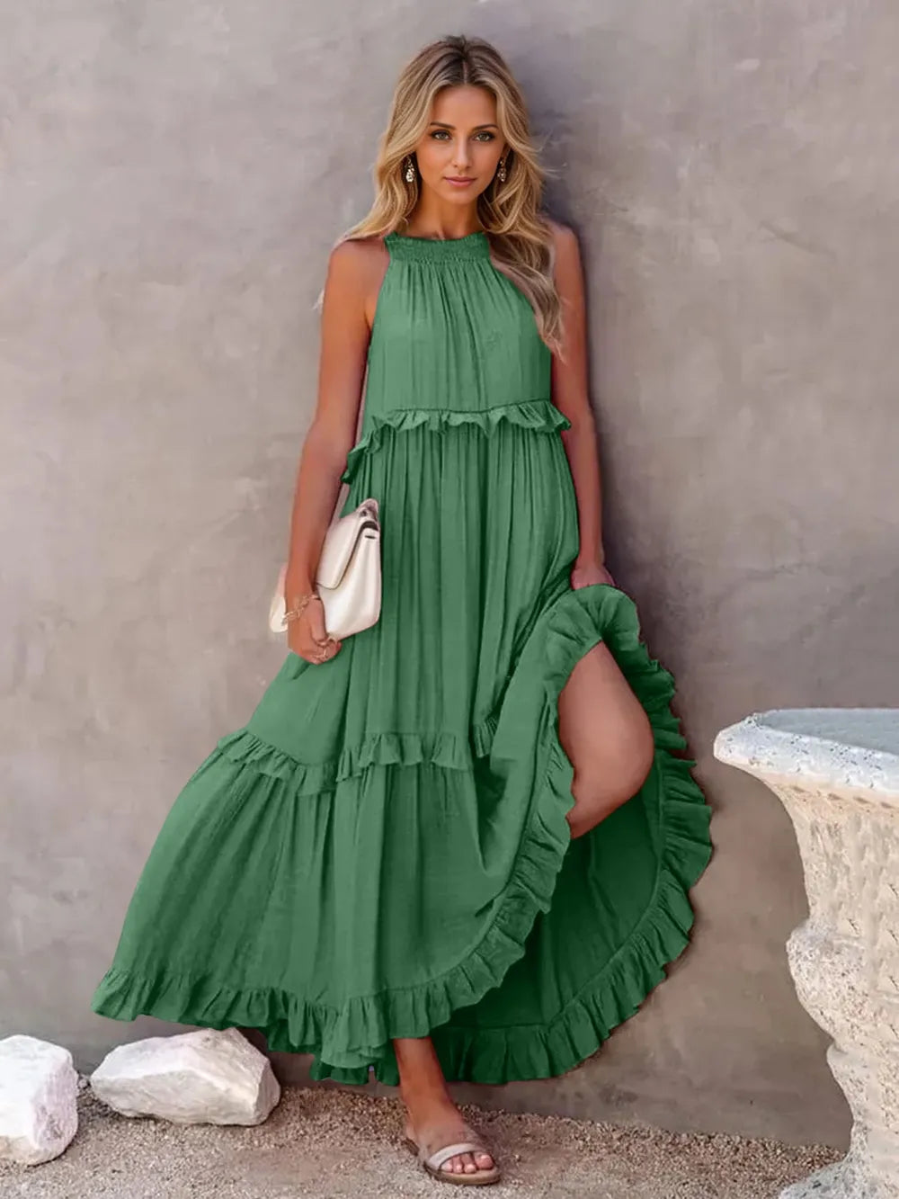 Ruffled Sleeveless Tiered Maxi Dress with Pockets - E-Esther Clothing Store