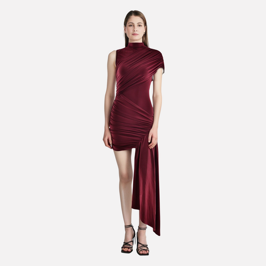 European and American slim fit ribbon dress with round neck pleats irregular hips sleeveless dress - E-Esther Clothing Store