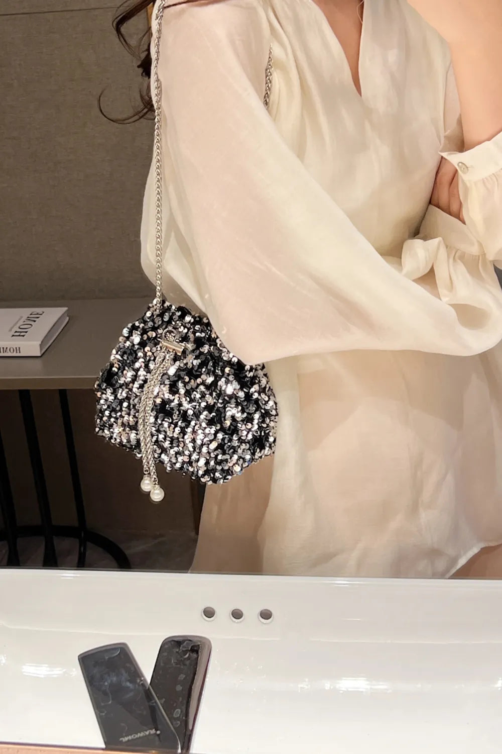 Sequin Chain Drawstring Bucket Bag - E-Esther Clothing Store