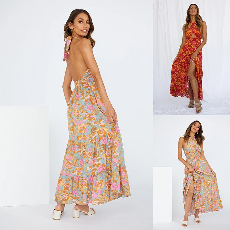 European and American Spring and Summer New Womens Sexy Strap Hanging Neck Split Print Holiday Dress - E-Esther Clothing Store
