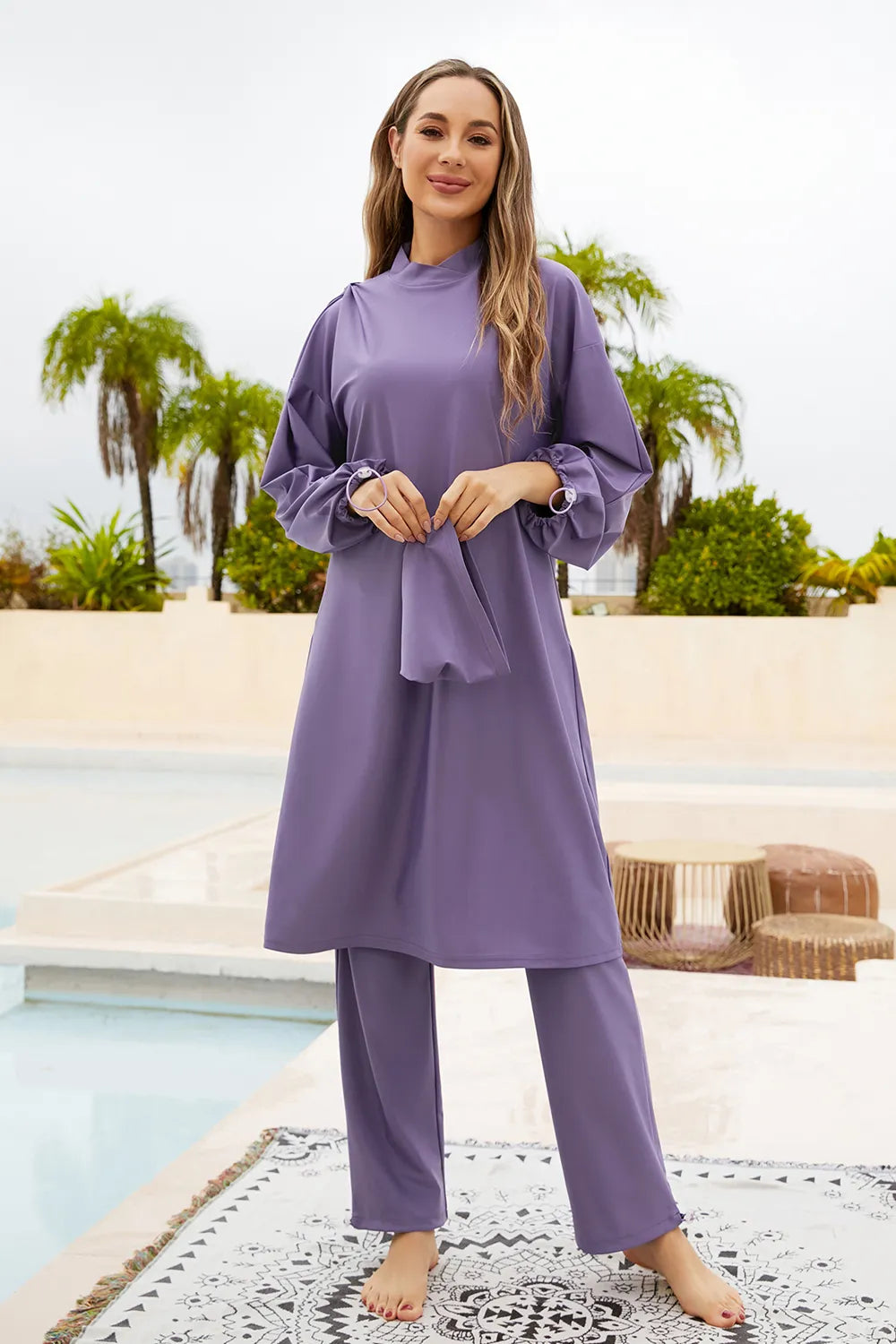 Cap, Drawstring Mock Neck Long Sleeve Top and Pants Swim Set - E-Esther Clothing Store
