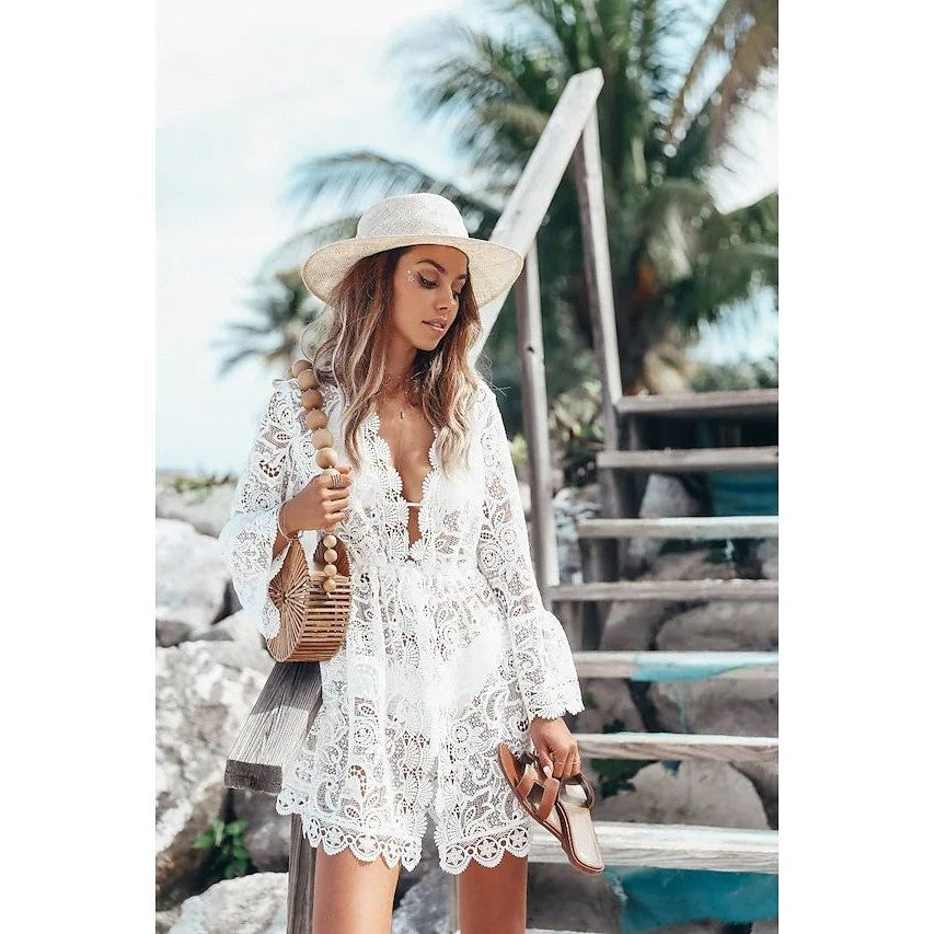 V-Neck Lace Cover-Up Dress - E-Esther Clothing Store