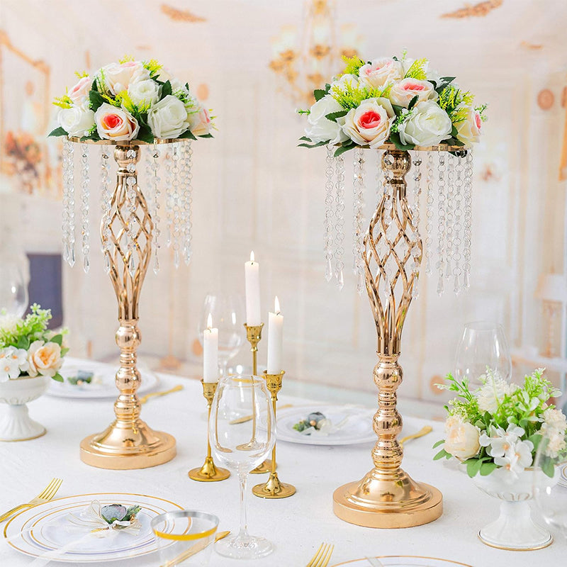 Wrought Iron Metal Flower Stand with Crystal Acrylic Beads Hanging Flower Arrangement, Gold-Plated Decoration for Wedding Tables - E-Esther Clothing Store