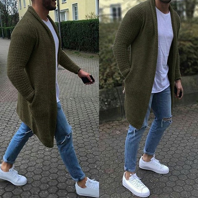 Mens Wool Cardigan Autumn Winter Warm Thick Solid Spacious Pocket Fashion Long Sweaters Knitted Cotton Casual Male Jackets - E-Esther Clothing Store