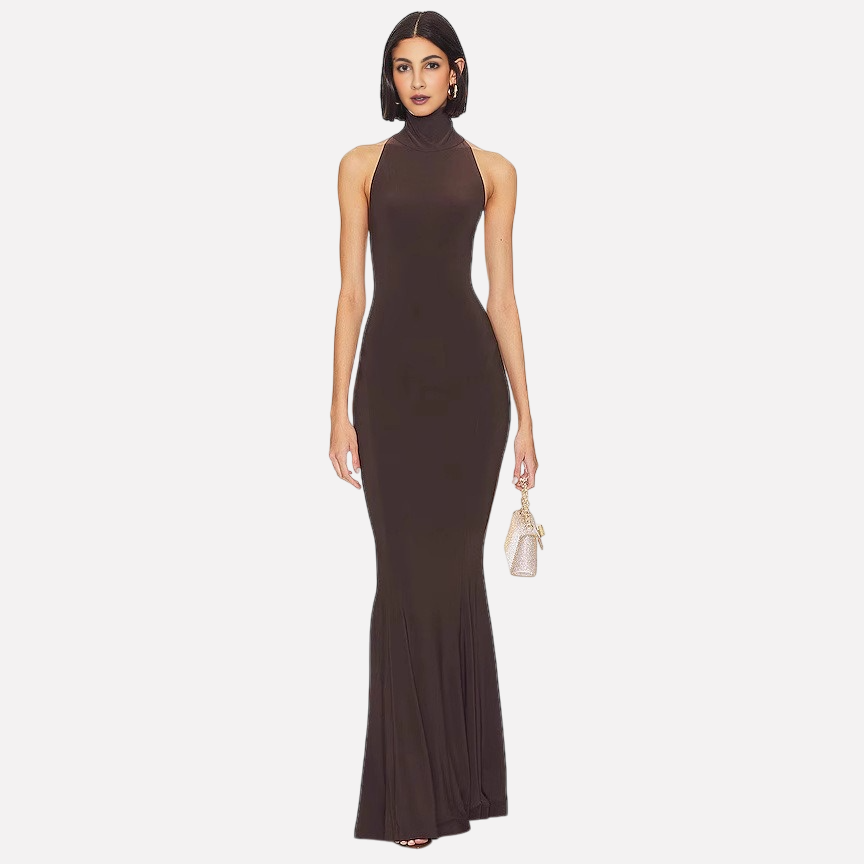 Hanging neck exposed back slim fit fashionable fishtail long dress formal dress - E-Esther Clothing Store