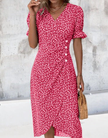 European and American Summer New Womens Vacation Leisure Flower Irregular Bottom V Neck Dress - E-Esther Clothing Store