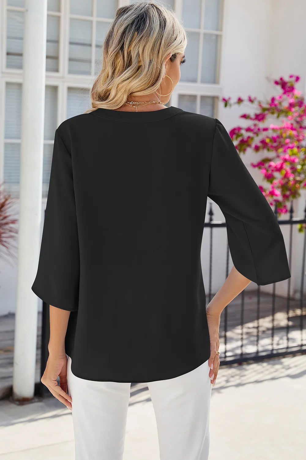 Solid color V-neck mid sleeve chiffon top for women - E-Esther Clothing Store