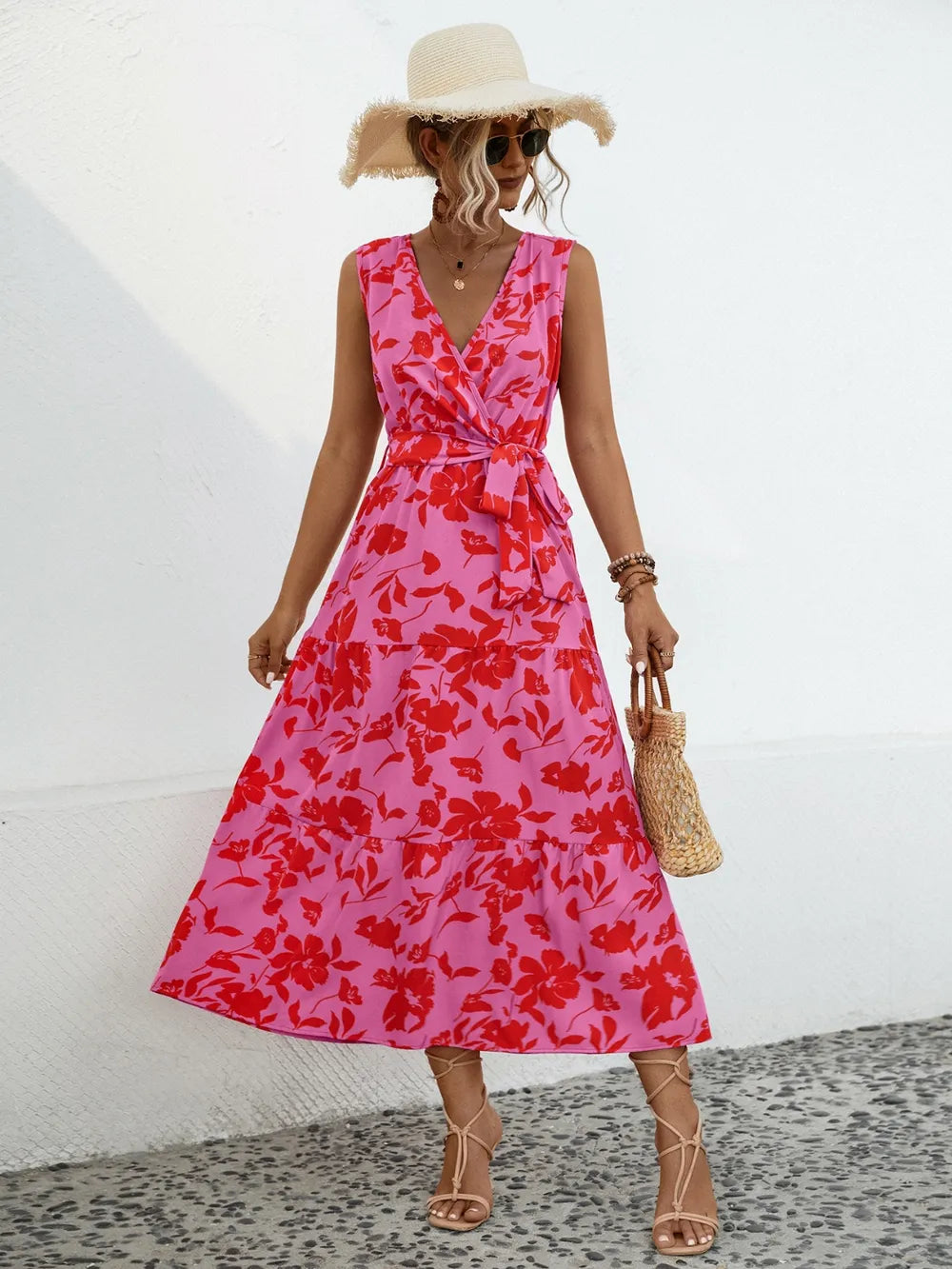 Tied Printed Surplice Tiered Dress - E-Esther Clothing Store