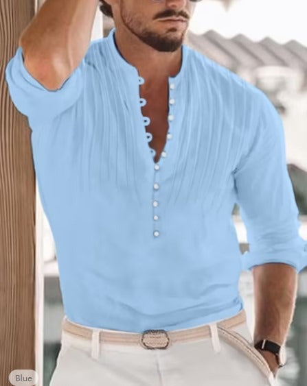 Cotton and Linen Mens Casual Button Round Neck Solid Standing Collar Shirt - E-Esther Clothing Store