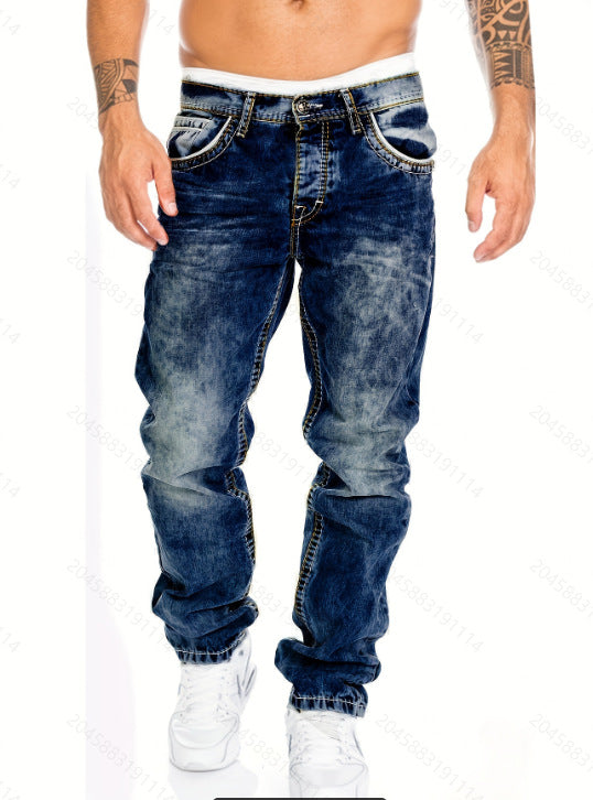 European and American new jeans casual open line pants straight leg men's pants hip-hop jeans - E-Esther Clothing Store