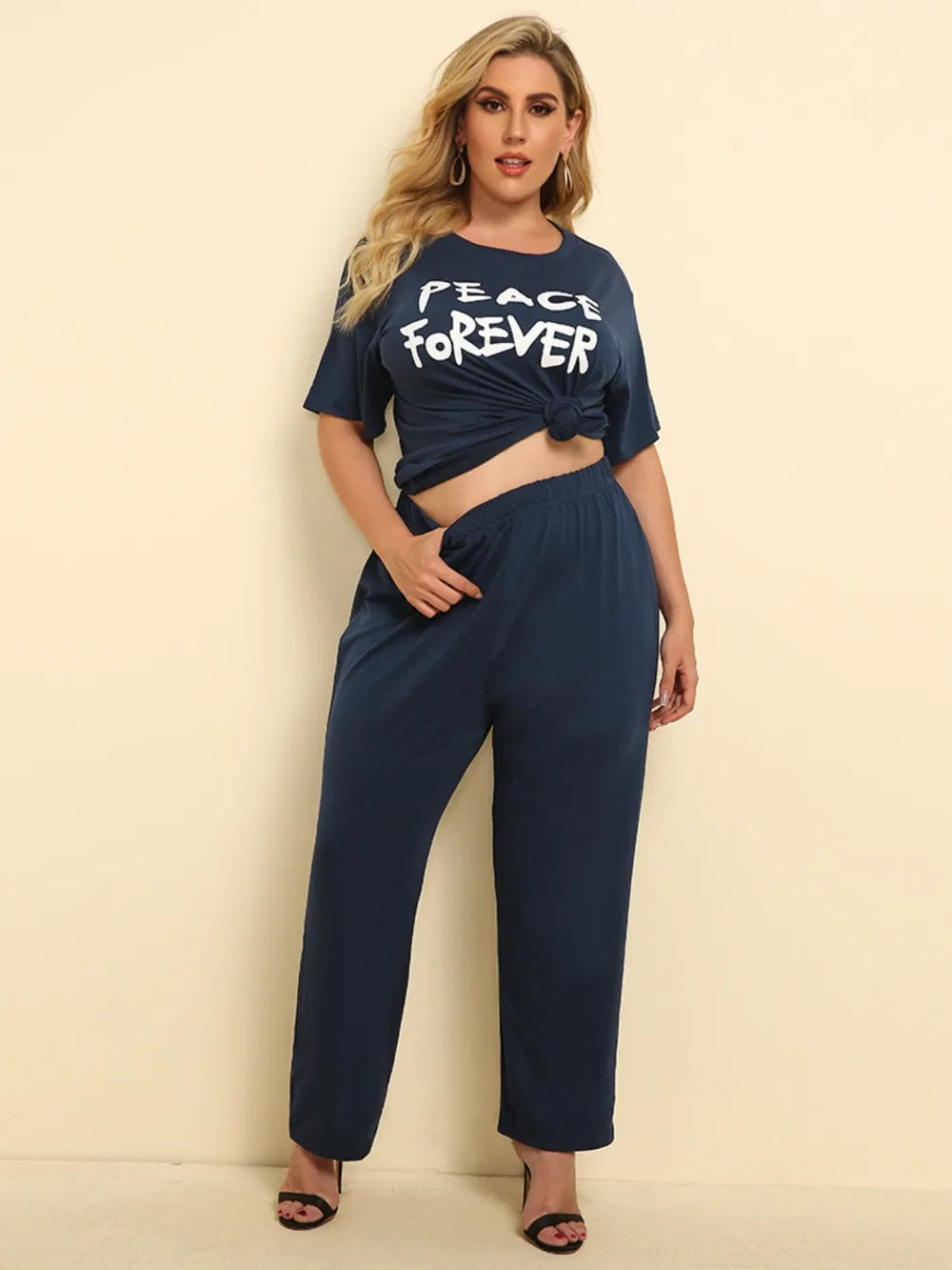 Plus Size PEACE FOREVER Short Sleeve Top and Pants Set - E-Esther Clothing Store