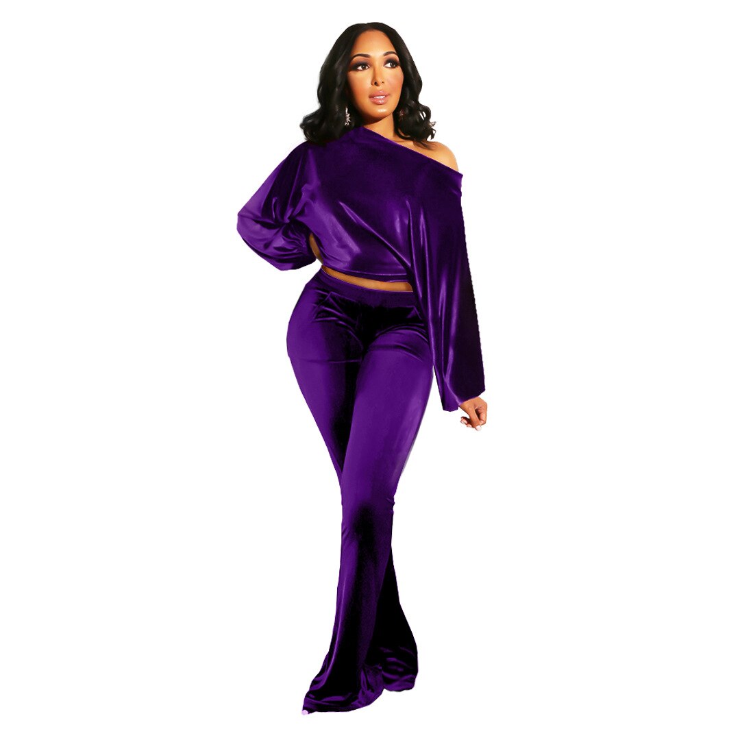 Autumn and Winter Women's Suit Pants Nightclub Sexy T-shirt Flannelette One Shoulder Slim Fit Elegant Women's 2-piece Set - E-Esther Clothing Store