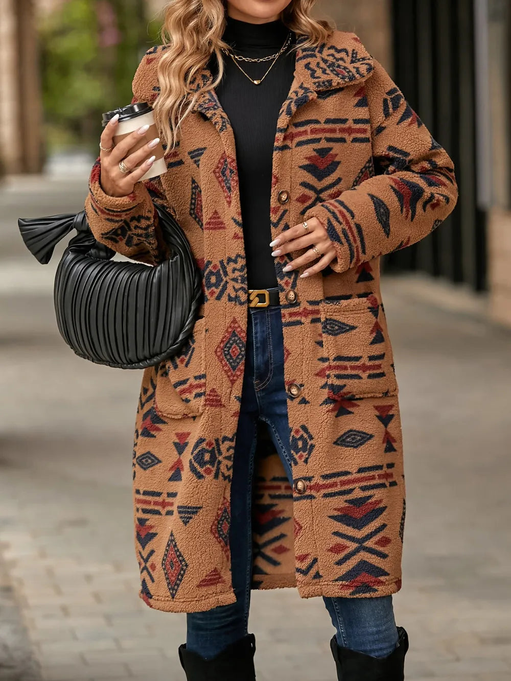 Geometric Pocketed Dropped Shoulder Coat - E-Esther Clothing Store