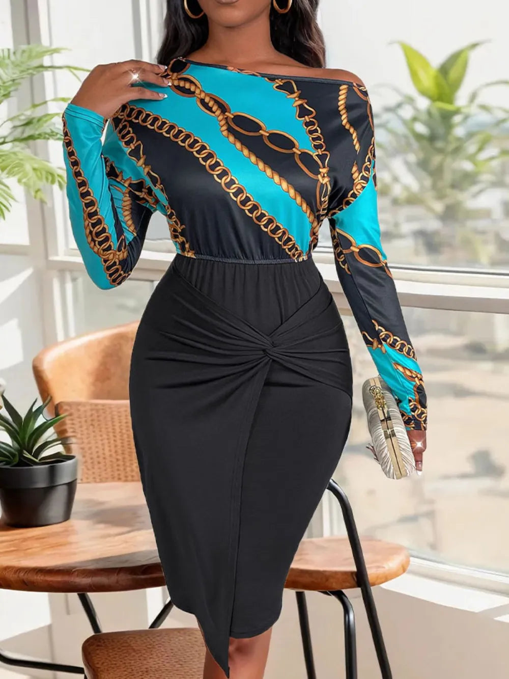 Single shoulder slim fit twisted dress with patchwork temperament and hip hugging skirt - E-Esther Clothing Store