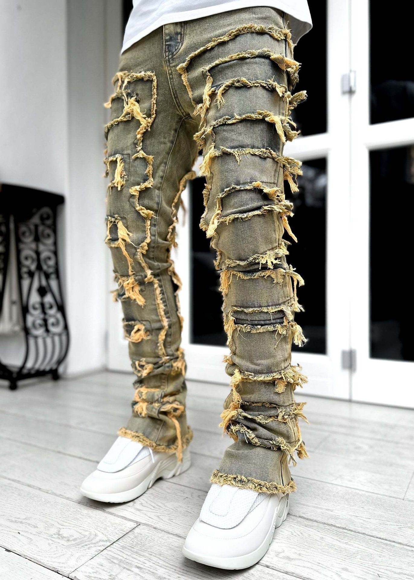 Men's denim straight leg pants with elastic patch fabric - E-Esther Clothing Store