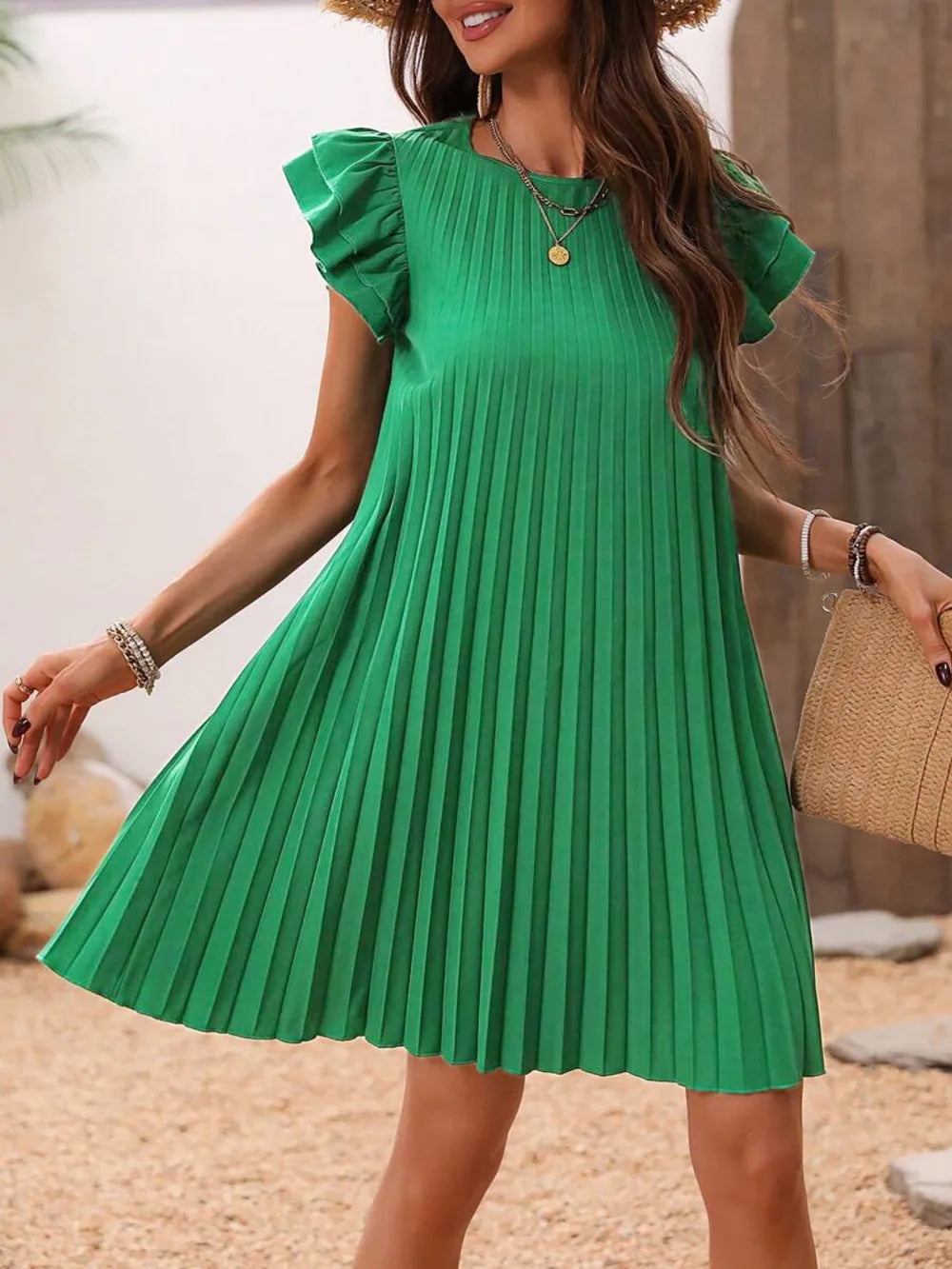 Pleated Round Neck Cap Sleeve Mini Dress - E-Esther Clothing Store