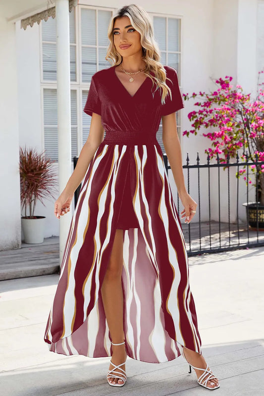 V-neck short sleeved waist cinched jumpsuit dress for women - E-Esther Clothing Store