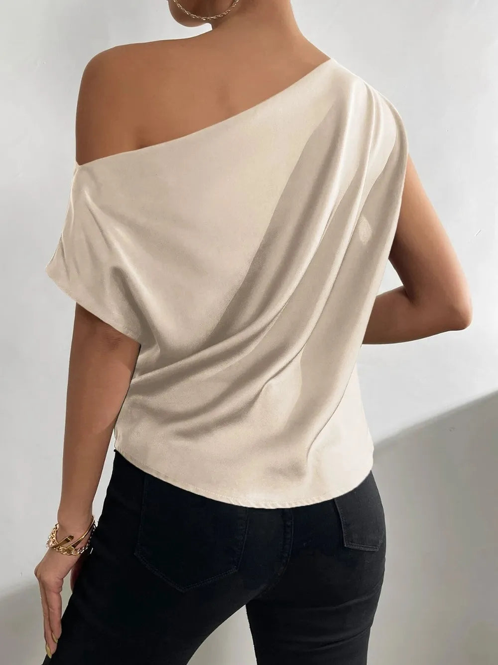 Women's Fashion Versatile Slant Neck Pinch Fold Single Shoulder Asymmetric Tank Top - E-Esther Clothing Store
