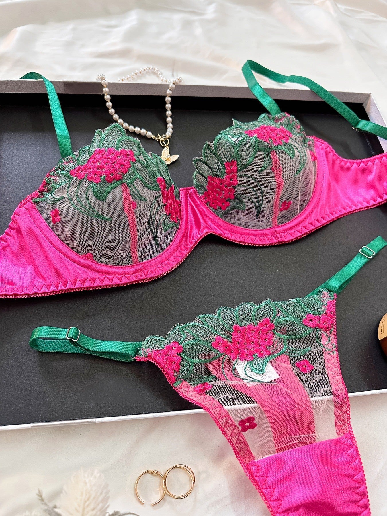 Underwear three-point sexy mesh embroidery perspective fun lingerie set women's T-pants temptation - E-Esther Clothing Store