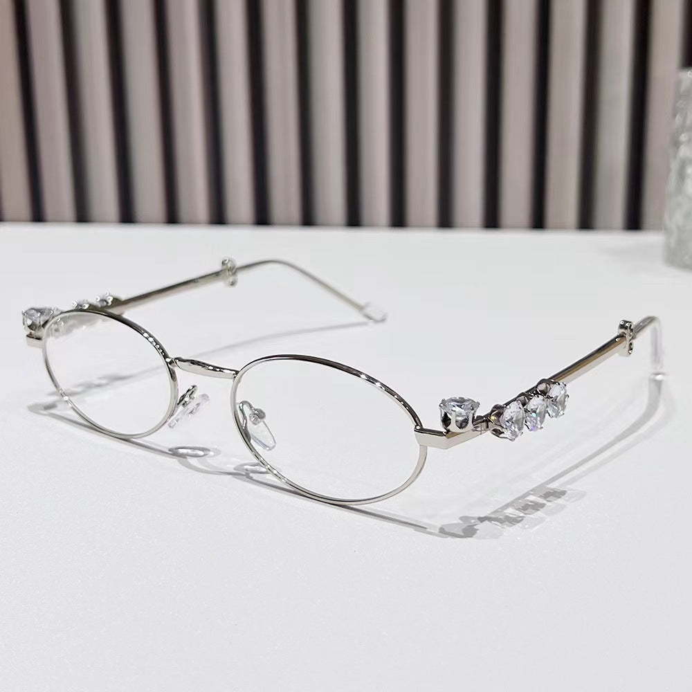 Metal inlaid diamond oval frame glasses resin anti blue light glasses rhinestone sunglasses - E-Esther Clothing Store