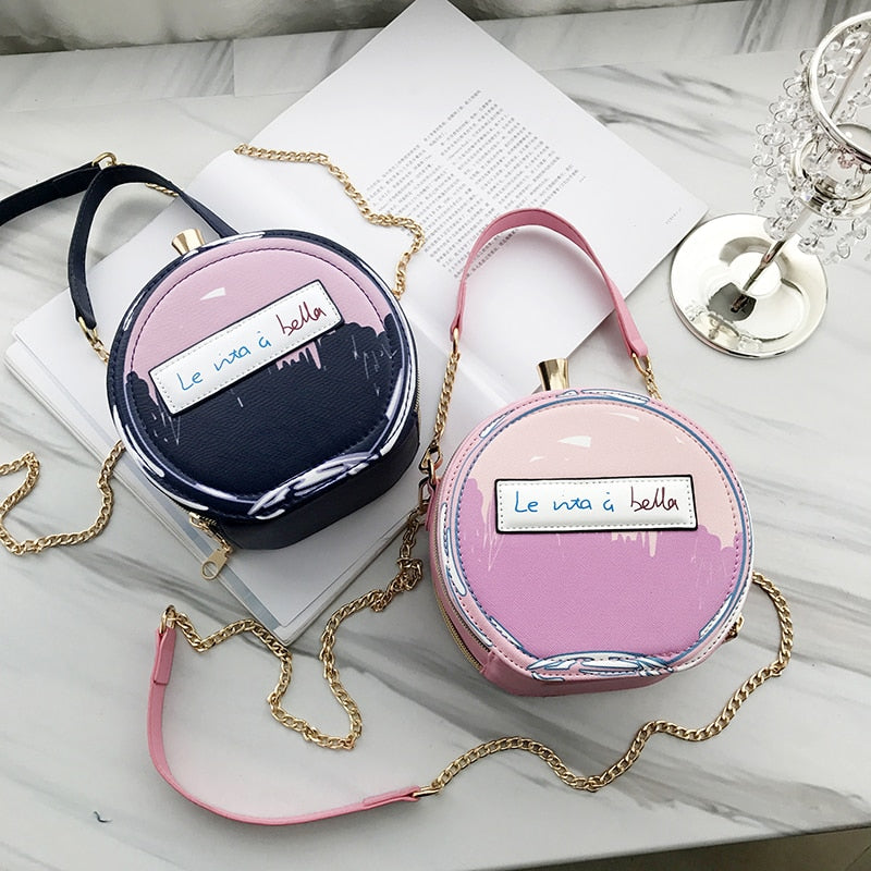 Round Letter Printed Perfume Bottle Pu Leather Casual Handbag Chain Purse Shoulder Bag - E-Esther Clothing Store