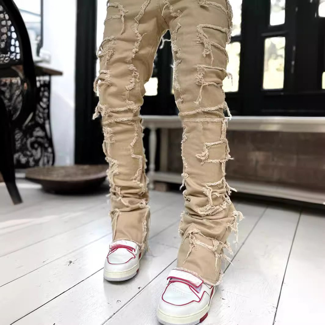 Men's denim straight leg pants with elastic patch fabric - E-Esther Clothing Store