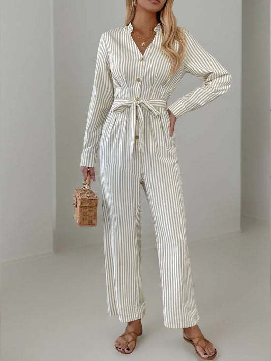 V-neck jumpsuit commuting style striped tie jumpsuit - E-Esther Clothing Store