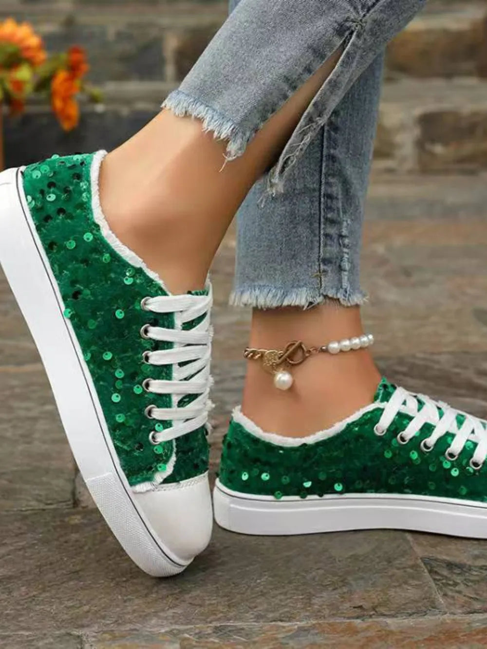 Sequin Round Toe Flat Sneakers - E-Esther Clothing Store