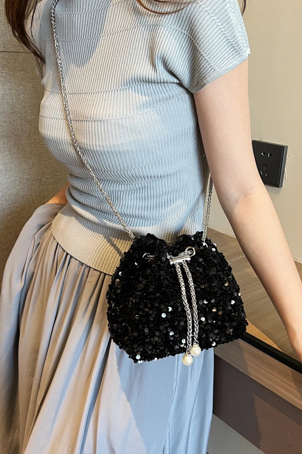 Sequin Chain Drawstring Bucket Bag - E-Esther Clothing Store