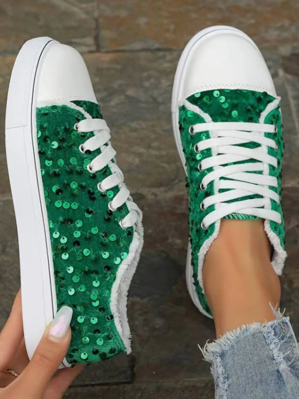 Sequin Round Toe Flat Sneakers - E-Esther Clothing Store