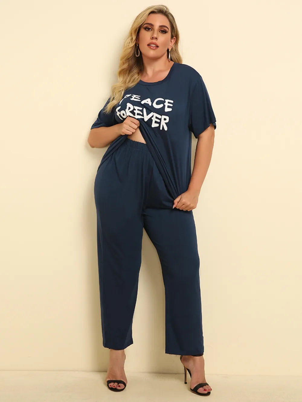 Plus Size PEACE FOREVER Short Sleeve Top and Pants Set - E-Esther Clothing Store
