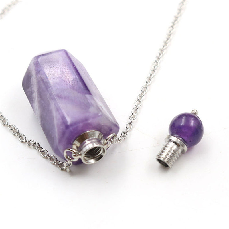 Natural Crystal Hexagonal Perfume Bottle Pendant Necklace Fluorite Pendant Essential Oil Jar Chain Necklace - E-Esther Clothing Store