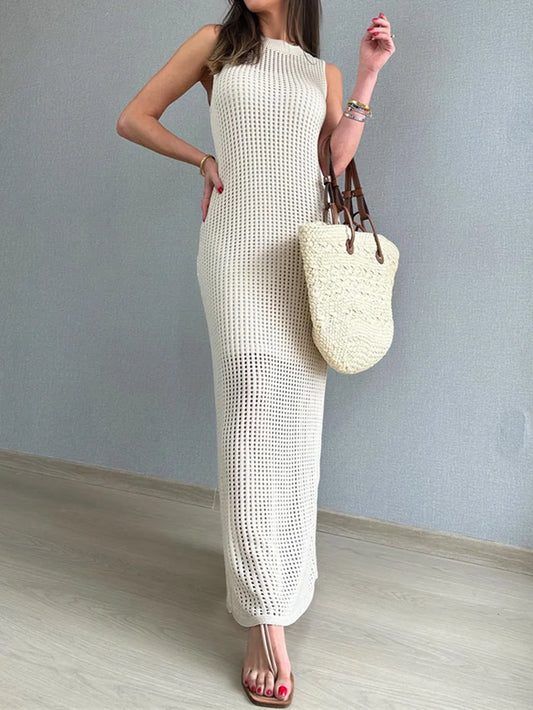 Openwork Slit Round Neck Cover-Up - E-Esther Clothing Store