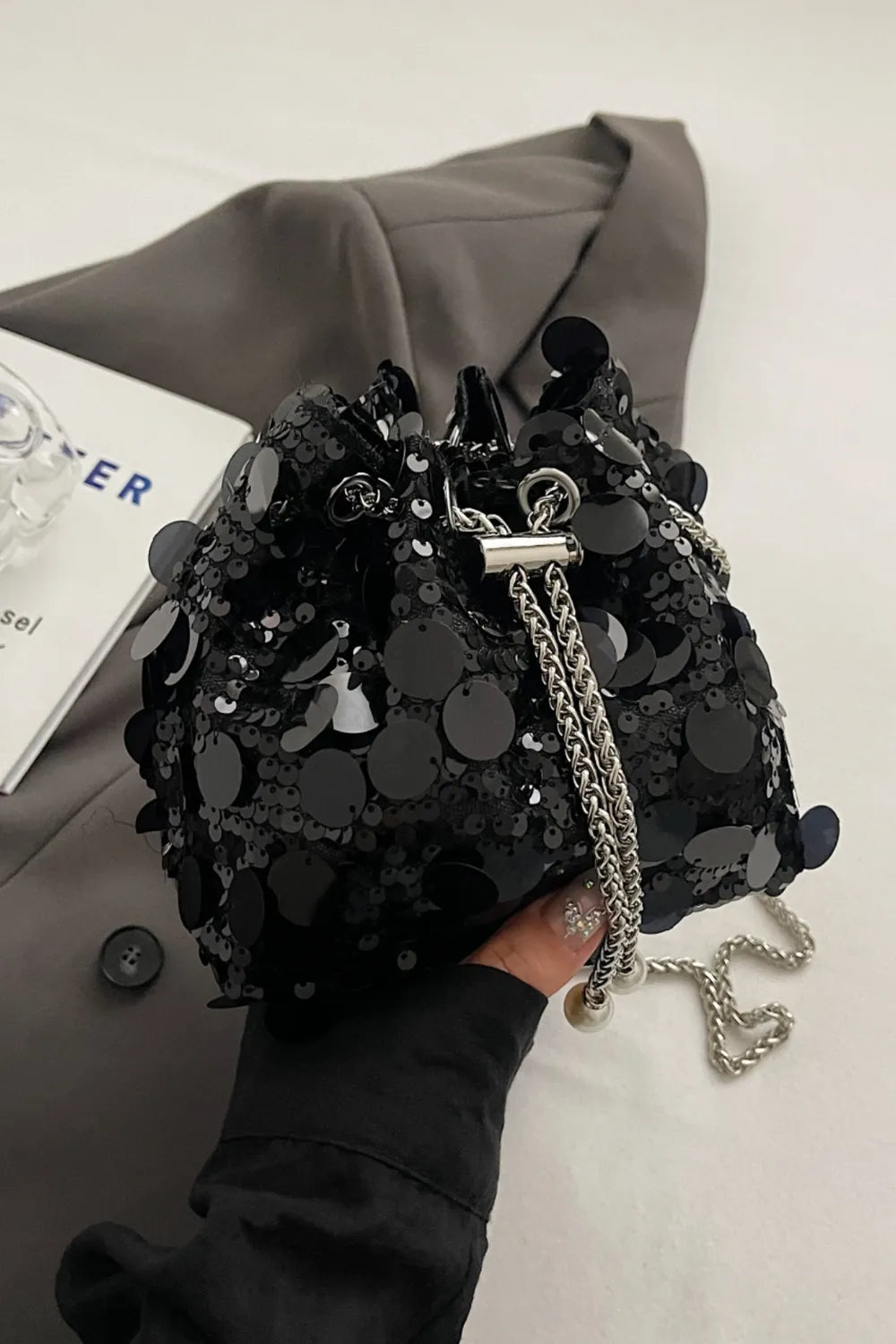 Drawstring Sequin Crossbody Bag - E-Esther Clothing Store