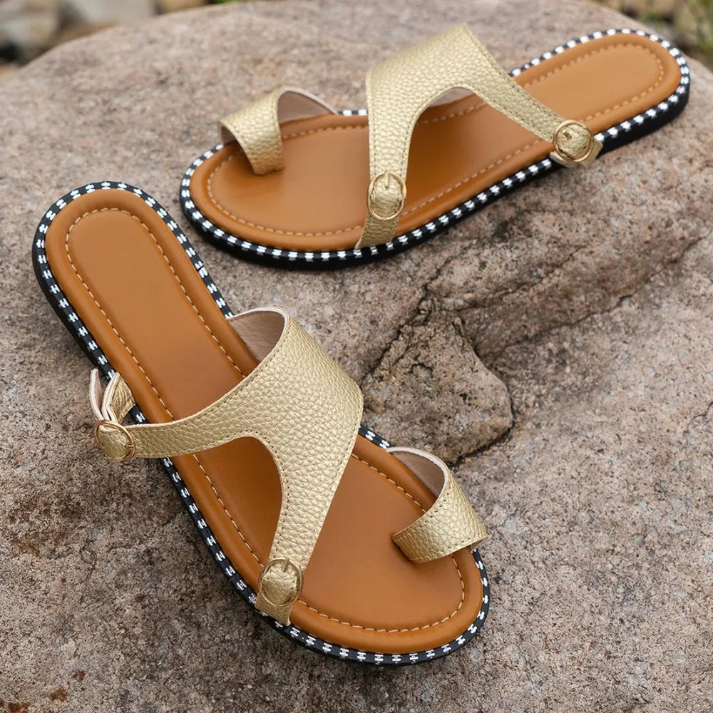 Toe Loop PU Leather Flats Sandals - E-Esther Clothing Store