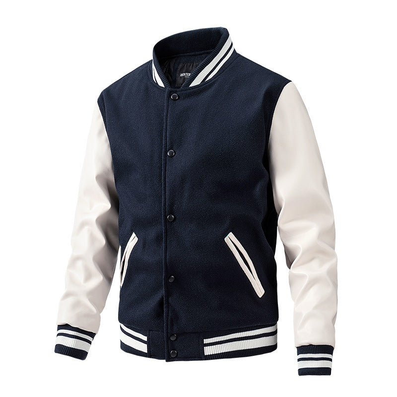 Men's Spring and Autumn New Baseball Collar Jacket with Color blocked Cotton and Large Size Woolen Jacket for Men - E-Esther Clothing Store