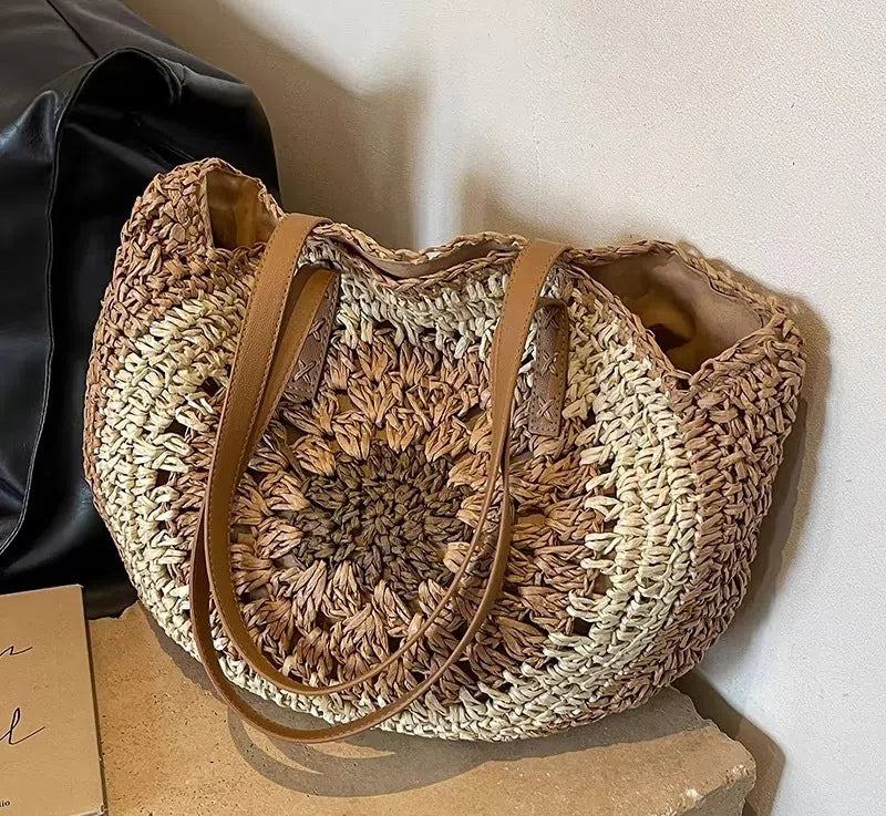 Paper rope hollow out colorful round plate grass woven bag casual beach bag one shoulder fashionable woven bag - E-Esther Clothing Store