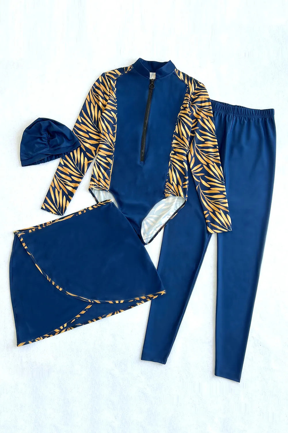 Cap, Printed Long Sleeve Swimwear, Pants and Mini Skirt Four-Piece Swim Set - E-Esther Clothing Store