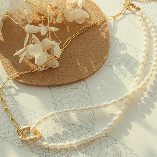 New freshwater pearl patchwork necklace made of stainless steel and 18K gold for women - E-Esther Clothing Store