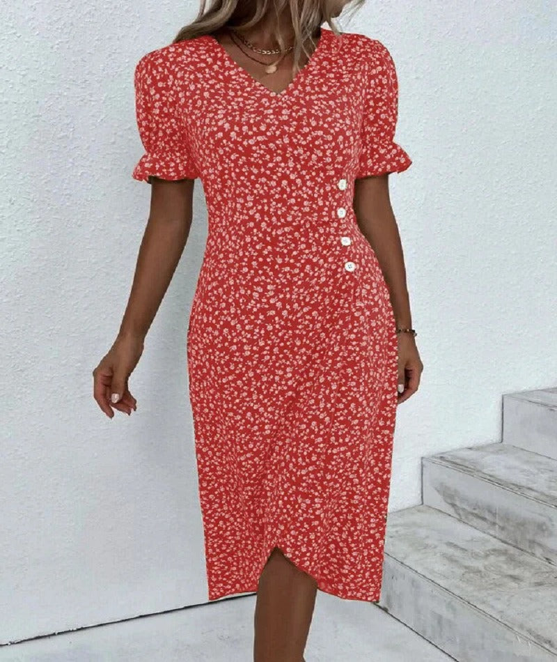 European and American Summer New Womens Vacation Leisure Flower Irregular Bottom V Neck Dress - E-Esther Clothing Store
