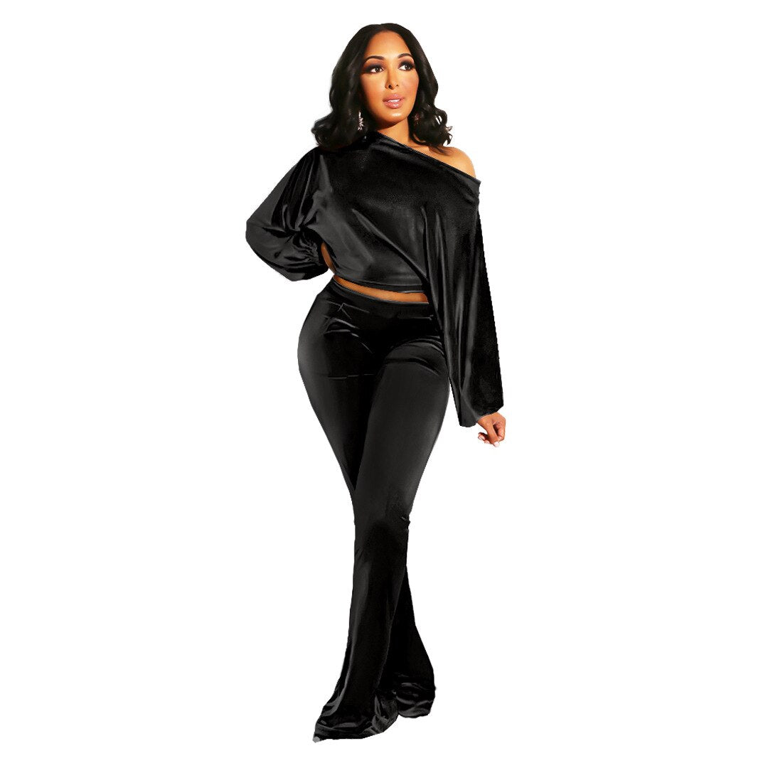 Autumn and Winter Women's Suit Pants Nightclub Sexy T-shirt Flannelette One Shoulder Slim Fit Elegant Women's 2-piece Set - E-Esther Clothing Store