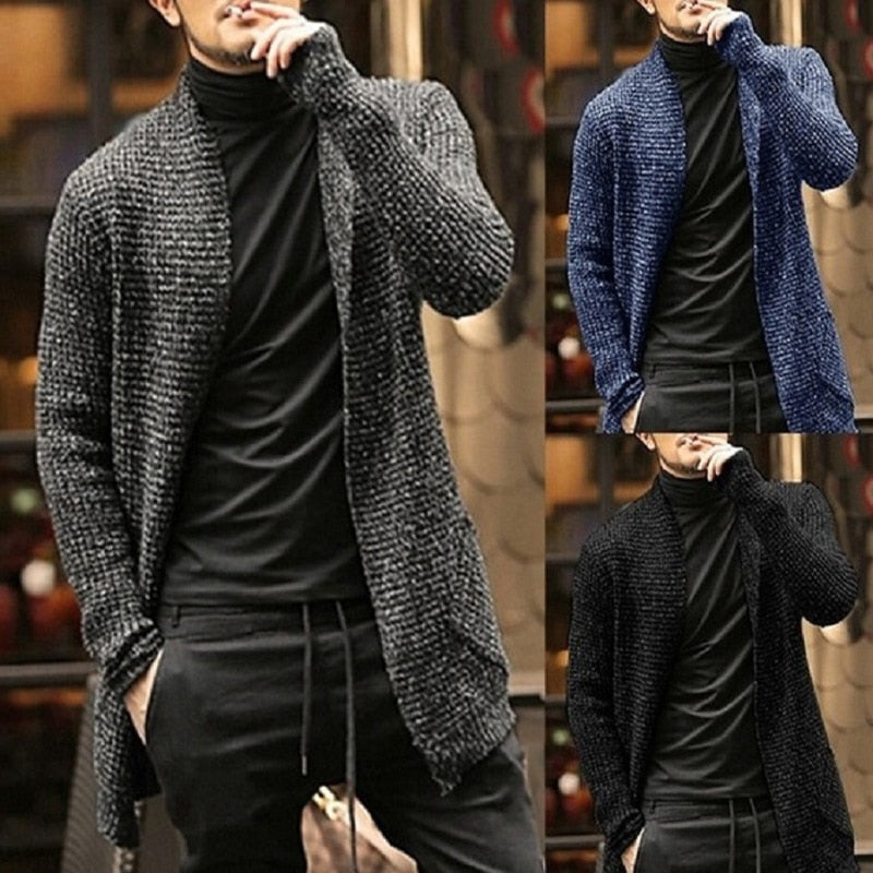 Knitted Cardigan Sweater Men Autumn Mens Long Sweater Jacket Casual Slim Fit Trench Knitwear Sweaters Streetwear Tops Gray - E-Esther Clothing Store