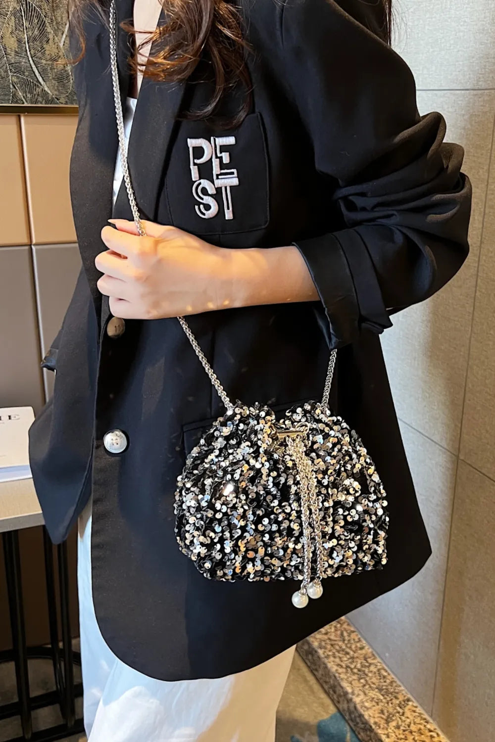 Sequin Chain Drawstring Bucket Bag - E-Esther Clothing Store