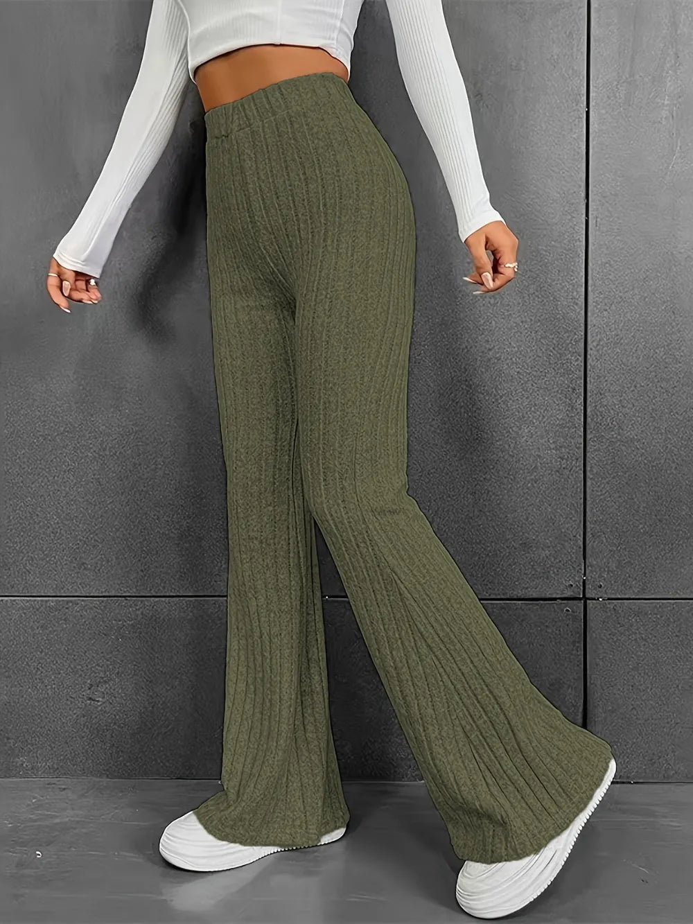 Fashionable and casual solid color micro flared high waisted pants for women - E-Esther Clothing Store