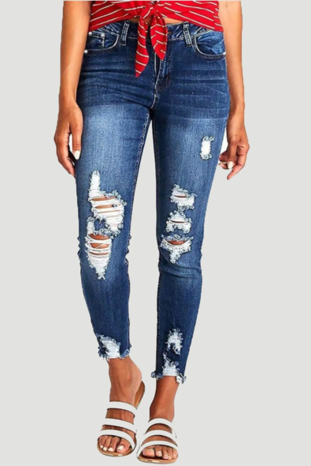Distressed Raw Hem Jeans with Pockets - E-Esther Clothing Store