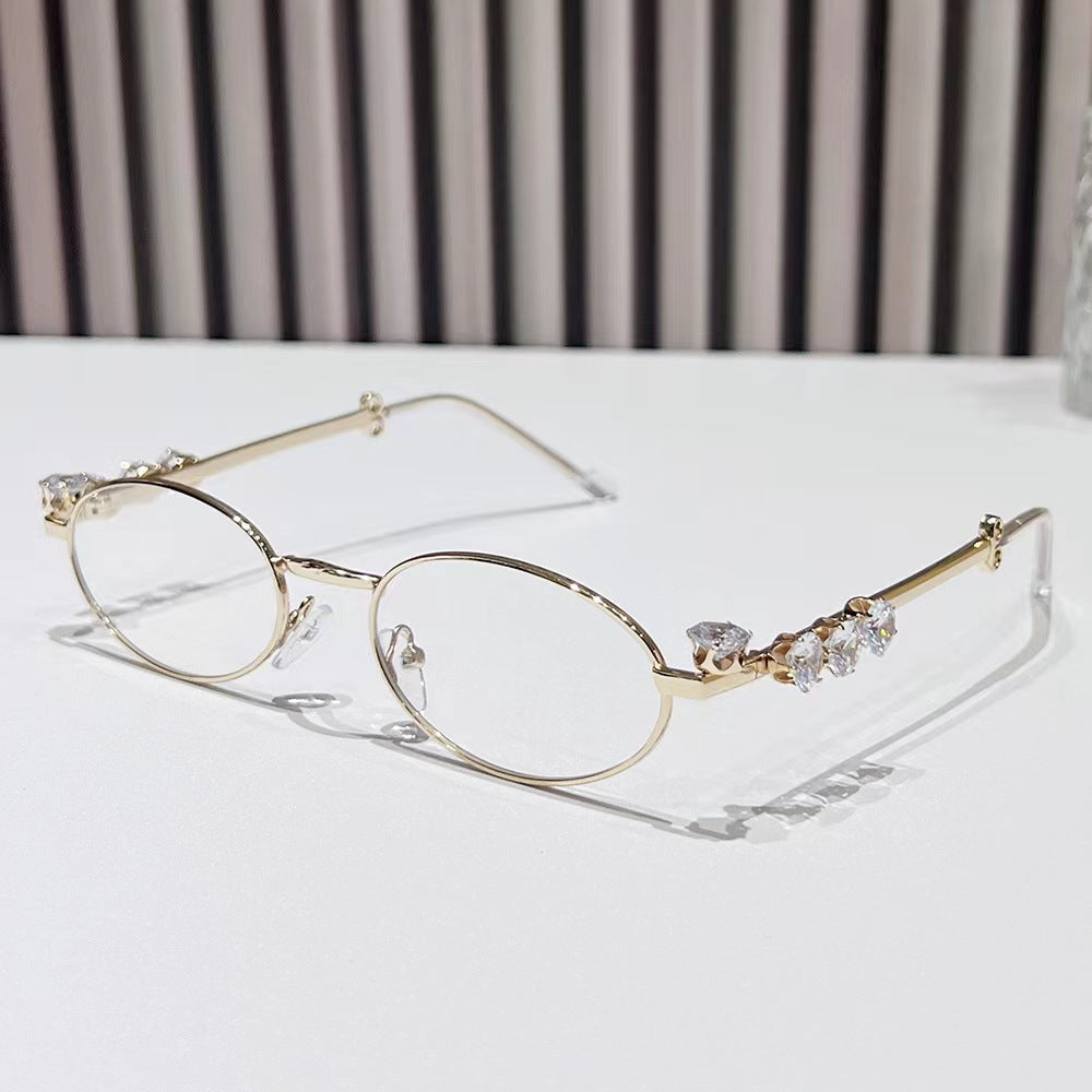 Metal inlaid diamond oval frame glasses resin anti blue light glasses rhinestone sunglasses - E-Esther Clothing Store
